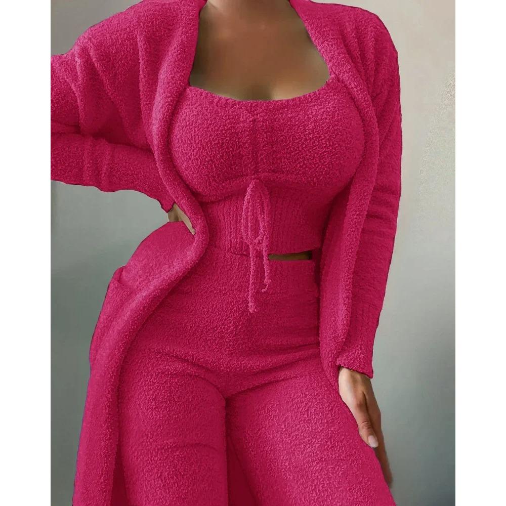 Nová Podzimní Zimní Dámská Sametová Pyžamová Souprava Crop Top+Dlouhé Kalhoty+Župan 3dílný Oblek Teplé Měkké Fleecové Domácí Oblečení Pyžamo S-3XL