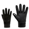 Warm gloves Men's cold-proof pigskin piled and thickened knitted Luokou outdoor riding touch screen autumn and winter leather gloves