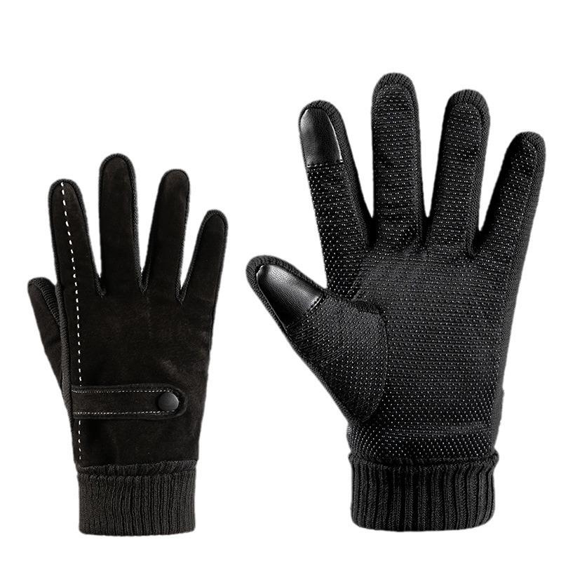Warm gloves Men's cold-proof pigskin piled and thickened knitted Luokou outdoor riding touch screen autumn and winter leather gloves