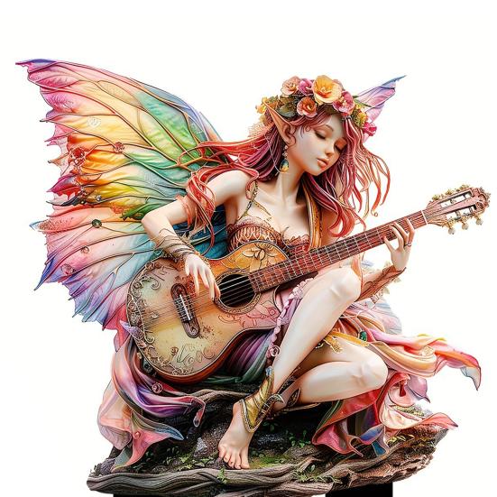 Yousheng Guitarist Fairy Garden Stake, 2D Acrylic Fairy Tale Yard Art Stake, Waterproof Flower Fairy Playing The Guitar Outdoor Decoration for Lawn