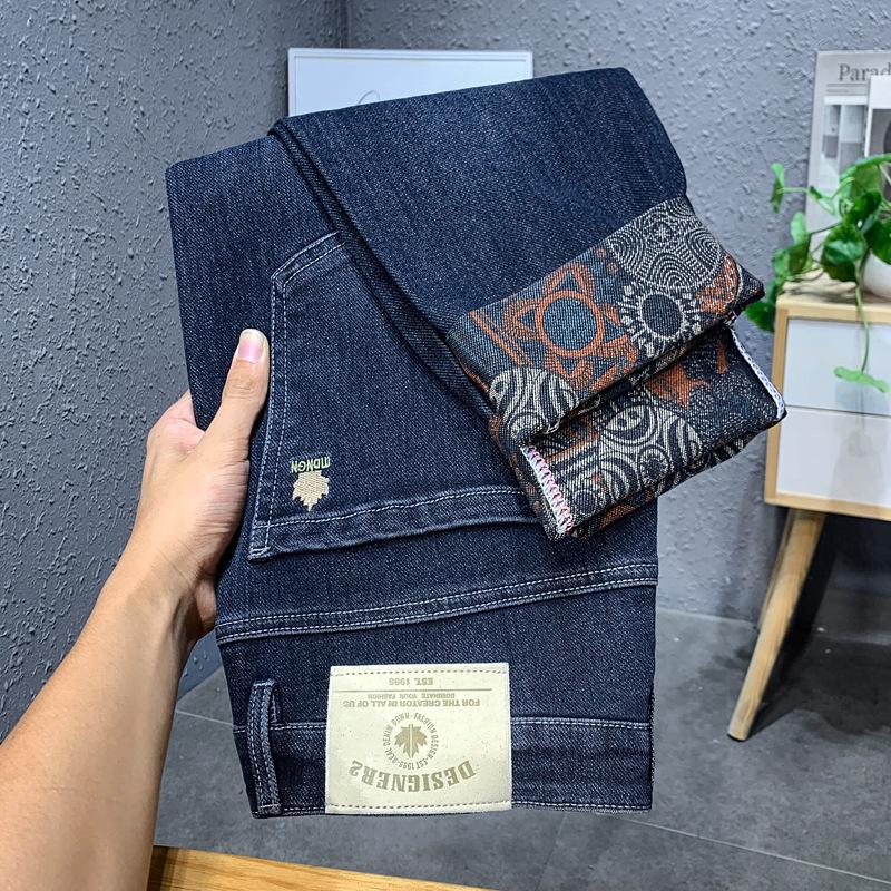 Men'S Jeans Autumn And Winter New Trend Retro Men'S Pants Elastic Straight Leg Pants With Added Fleece And Increased Casual Size