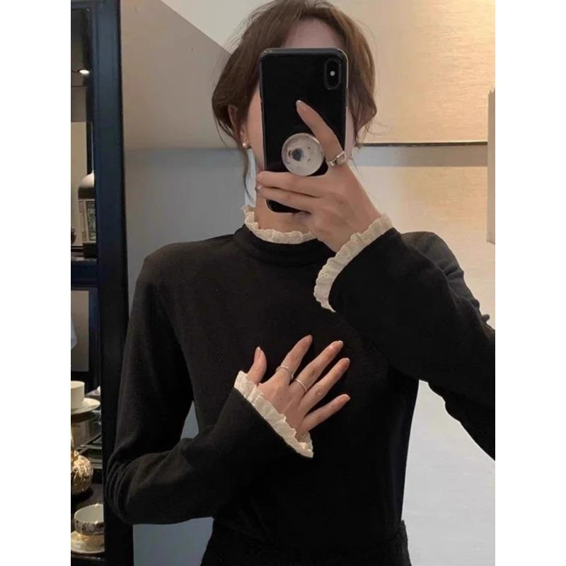 Australský sametový prošívaný krajkový poloviční rolák spodní tričko dámské podzimní a zimní štíhlé teplé vnitřní top