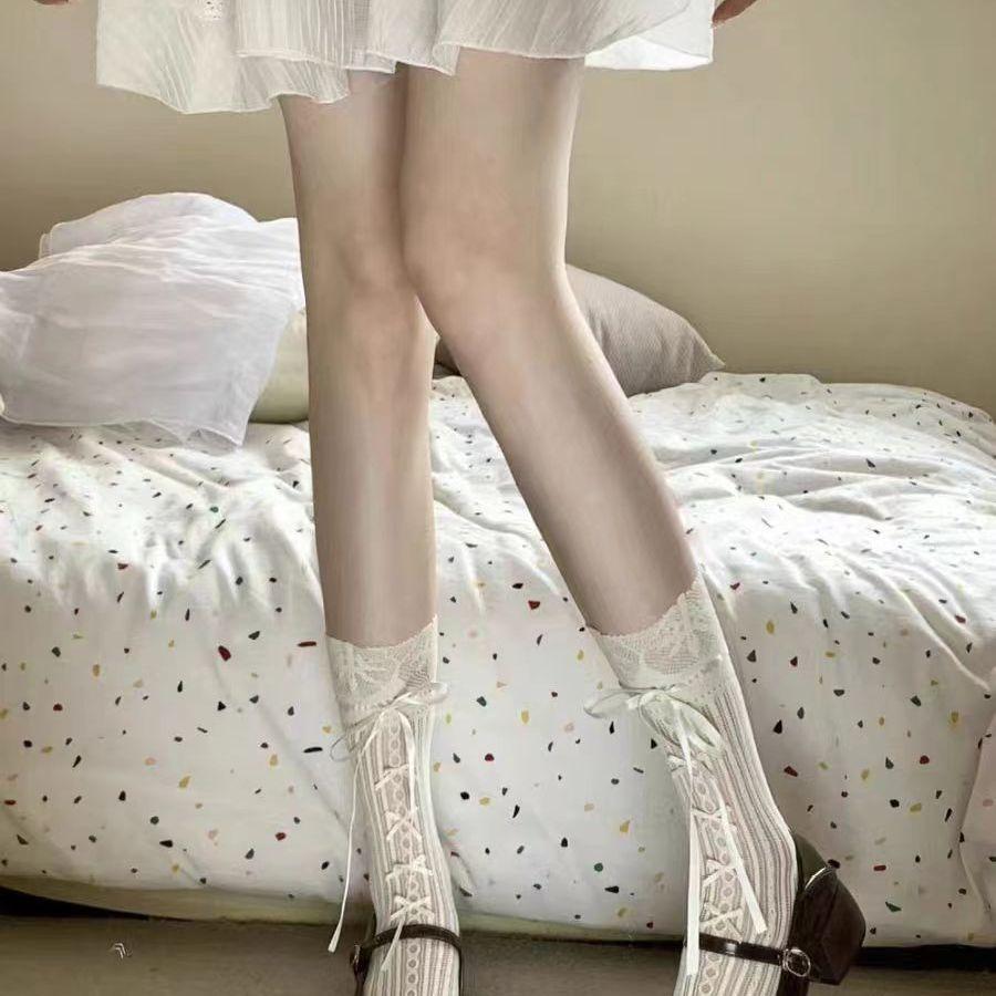 Ballet-Style Girlish Lace Socks | Calf Ribbon Bowknot Hollow White Mesh Non-Slip Slouch Socks
