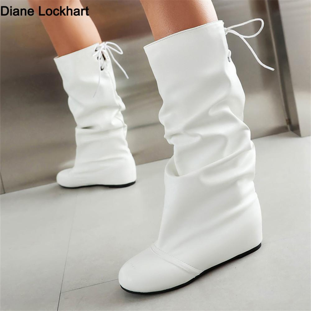 Fashion Autumn Winter Women Mid Calf Boots Casual Slip on Lace up Long Boots Flats Fashion Pleated Round Toe Black Elegant Botas Female