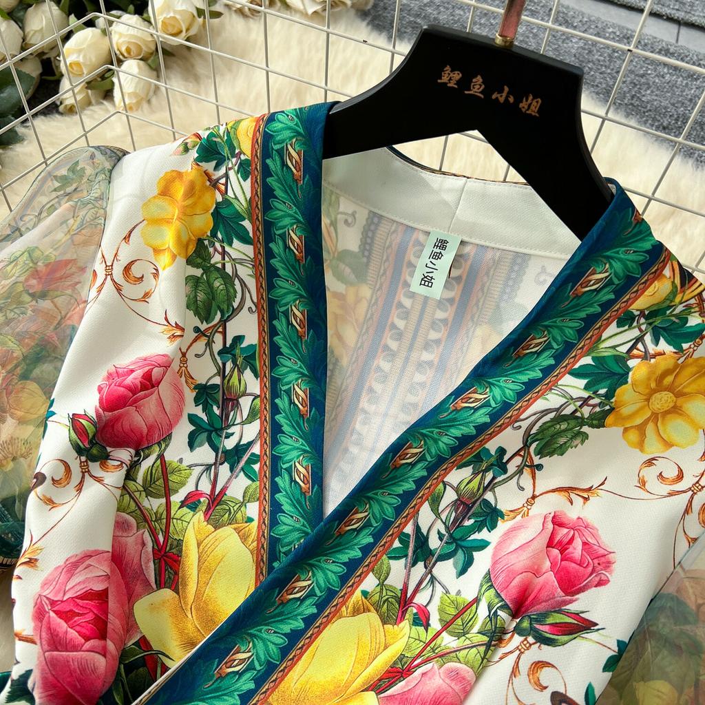 Elegant Retro Print Flower Long Dresses Women Summer Autumn Holiday Palace Style National Trench Belt V Neck Party Dress