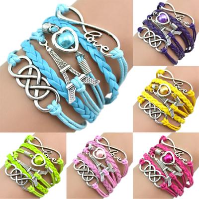 Women Eiffel Tower Cuff Multilayer Faux Leather Friendship Bracelet Bangle Chain ADM