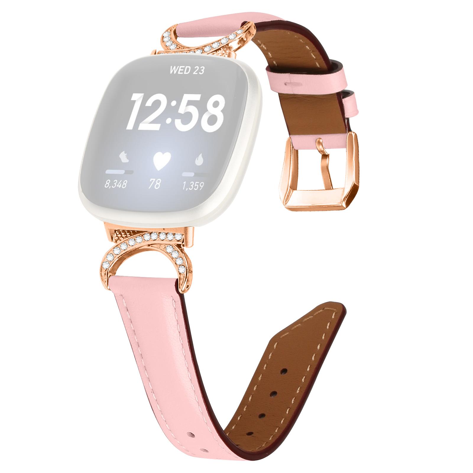 

For Fitbit Versa 3/Versa 4/Sense/Sense 2 Wrist Band Rhinestone D-shape Connector Split Leather Adjustable Strap with Rose Gold Buckle Pink