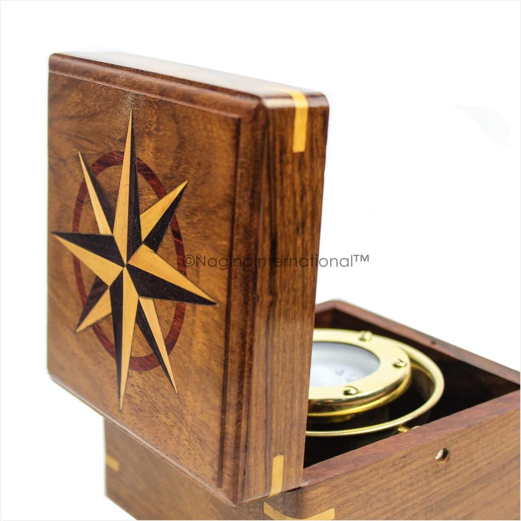 Handcrafted Gimbaled Brass Compass in Wooden Box P7N-L6E-Q29