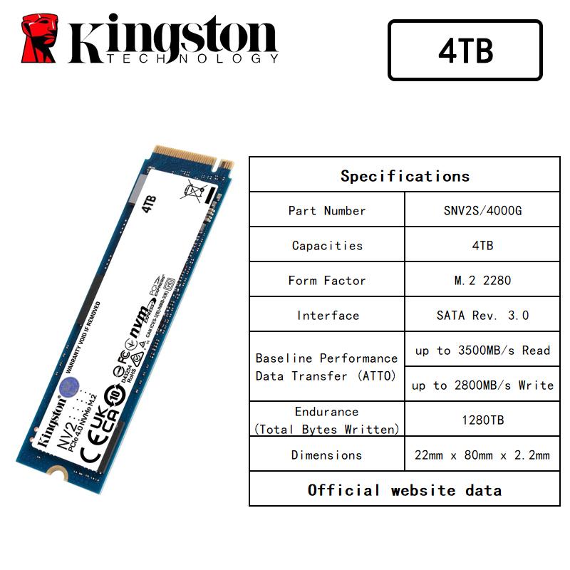 

Kingston SSD NV2 500G M.2 2280 1 ТБ, 2 ТБ, 4 ТБ NVMe Внутрішній SSD 1 ТБ, 2 ТБ, 4 ТБ PCIe 4.0 Gen 4x4 | До 3500 МБ/с | SNV2S/500G,1000G,2000G,4000G 4TB