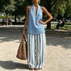 Women Cotton Linen 2 Piece Sets Sleeveless Halter V Neck Top And Striped Wide Leg Pants Sets Summer Vacation Lounge Outfits
