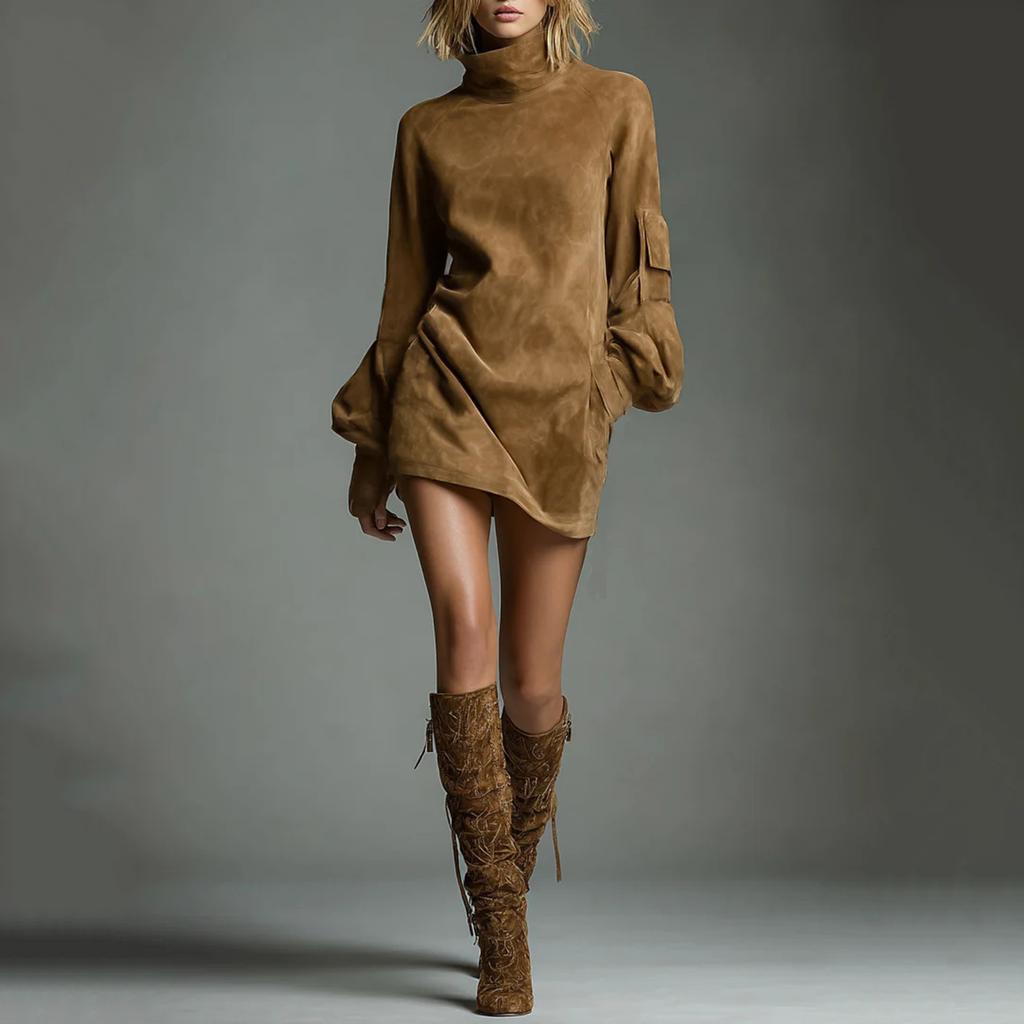Women's High-neck Suede Short Dress, Solid Color Long-sleeve Dress For Fall And Winter