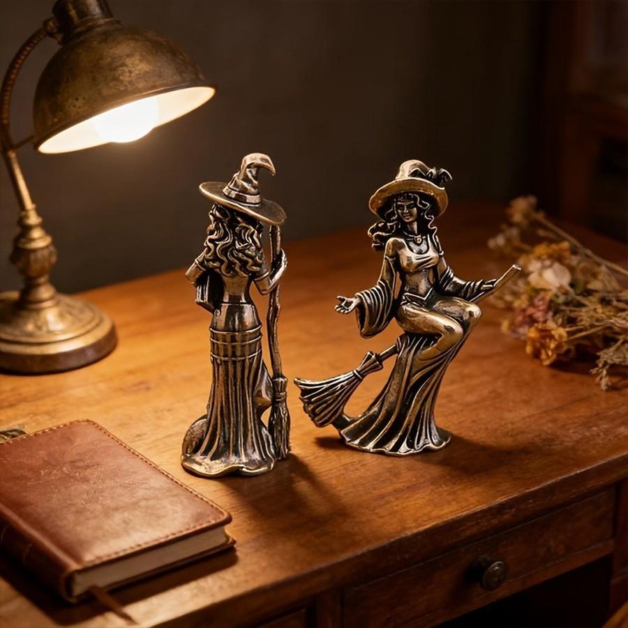 Witch Figurine with Broom Desktop Copper Plated Ornament Craft