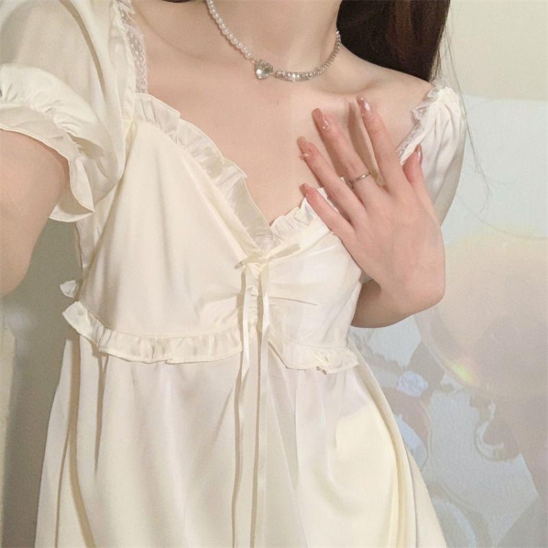 Sweet Style Ice Silk Pajamas for Women's Summer Pure Desire Short Sleeved Home Clothing Set