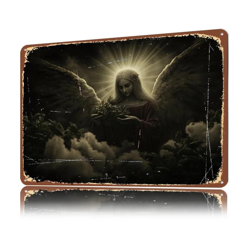 Angel With Green Leaves D Texture Printed Poster Custom Vintage Metal Tin Plate Sign for Wall Art Home Decoration Aesthetic