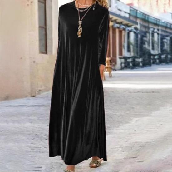 Damen Samtkleid Herbst Freizeit Rundhals Langarm Maxi Kleid Locker Hochzeitsgast Cocktail Abendkleid