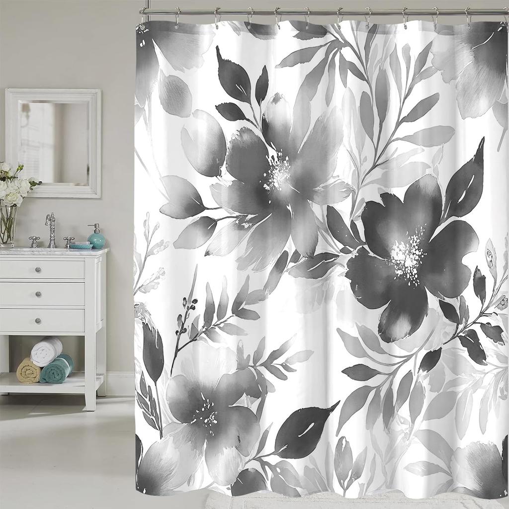 Floral Shower Curtain, Blue Watercolor Flower Shower Curtains For Bathroom, Modern Minimalist Waterproof Fabric Bath Curtain