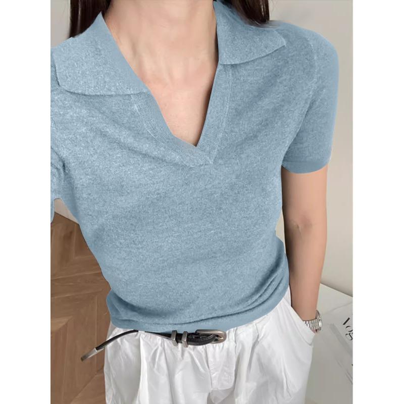 

women v neck polo knit shirt short sleeve solid color casual top onesize синій