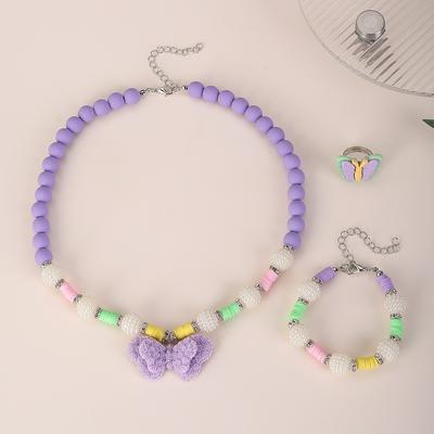 Sweet Princess Bow Necklace Bracelet Suit Candy Purple Bead Chain Children's Zircon Handmade Zircon Accessories
