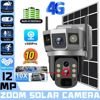 LS VISION 10X Zoom Solar Camera 12MP 6K Motion Detection Camera PTZ Night Vision Security Surveillance 4G SIM Card Dual Lens 3 Screen CCTV