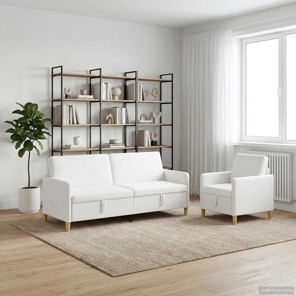 2 Piece Storage Sofa Set White Polyester