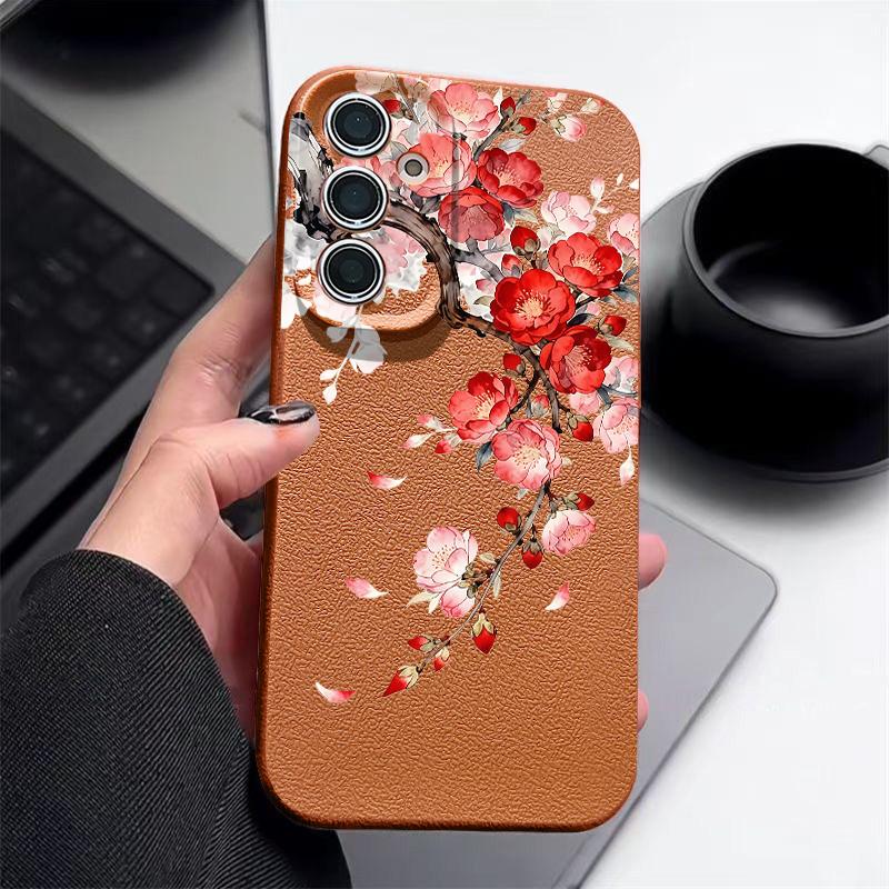 Pink Peach Blossom Case For Samsung S26 Ultra S25 Edge S24 S23 Plus S22 S21 FE A15 A16 A17 A35 A36 A54 A55 A56 A57 5G Leather Texture Soft Cover