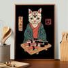 Japon Retro Tarzı Dövme Samuray Kedi Ramen Karikatür Posterleri Baskıları Tuval Boyama Duvar Sanatı Resim Oturma Odası Ev Dekorasyonu