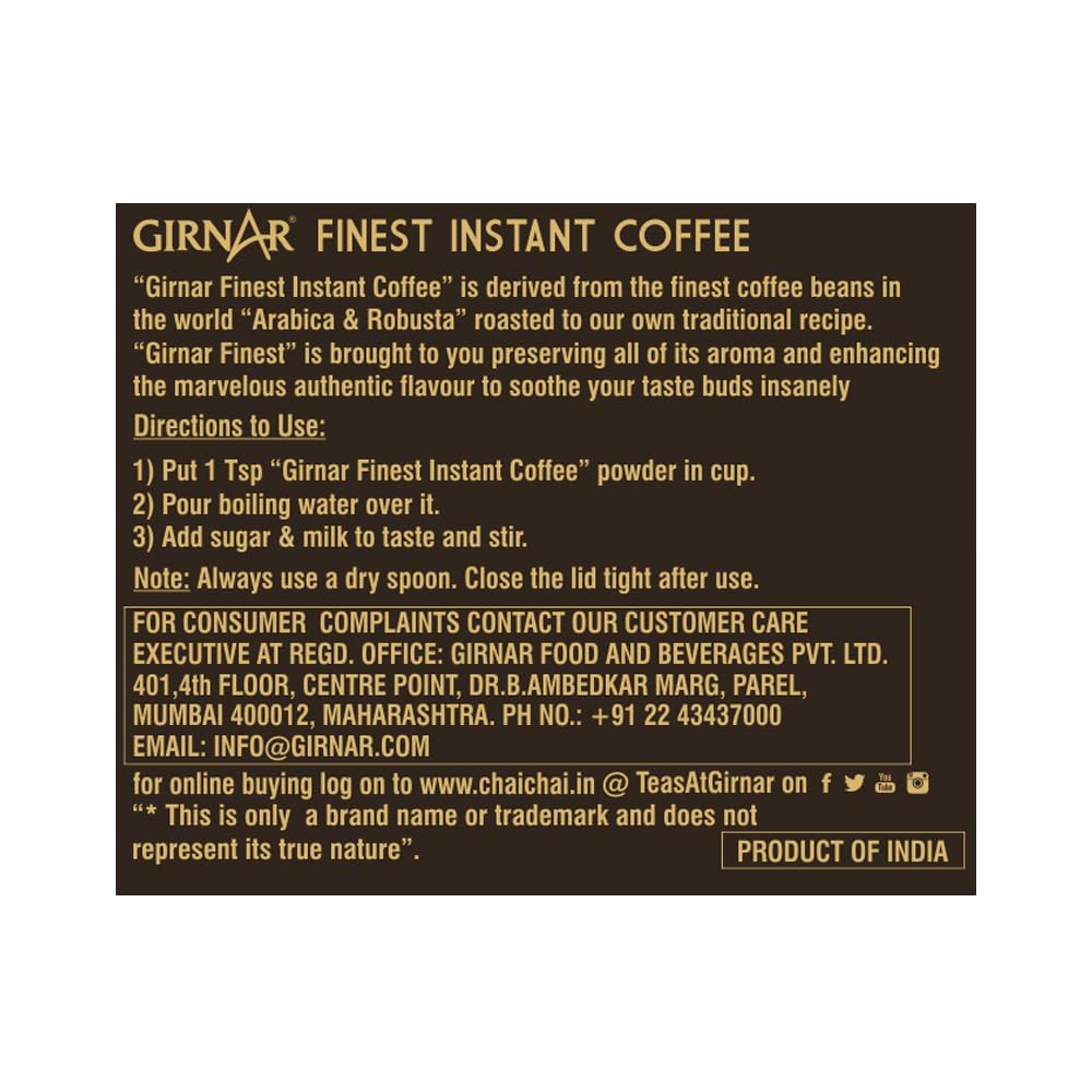 Girnar Finest Instant Coffee 50g Jar Dark Roast Caffeinated Powder For Homemade Brew Lovers