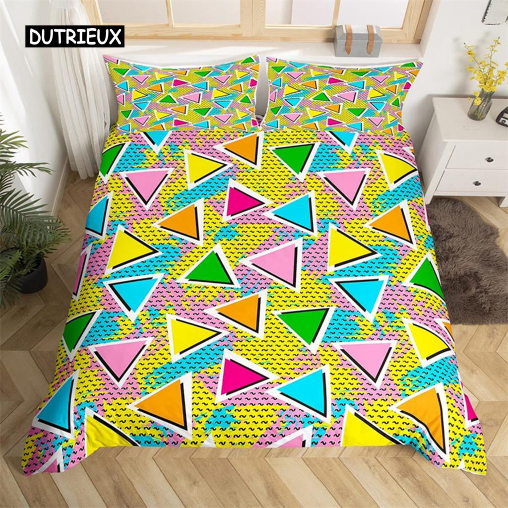 Psychedelic 3D Geometric Duvet Cover Microfiber Colorful Pop Abstract Art Comforter Cover Retro 80s Style Bedding Set Queen Size