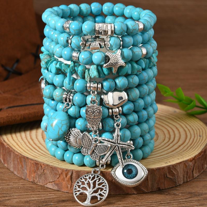 

Новые бирюзовые сплавные бусины на эластичной леске мужские и женские браслеты, браслеты, браслеты набор из 11 штук разноцветный