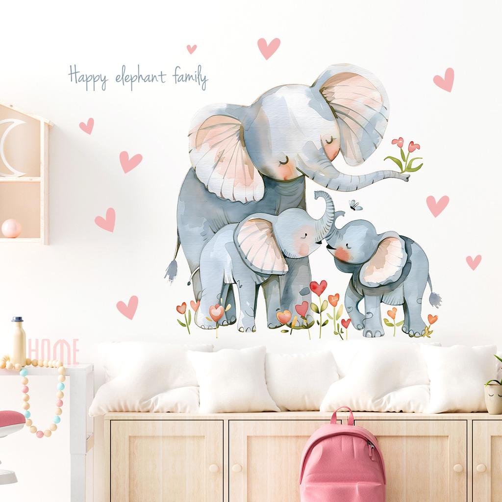 Cartoon Cute Elephant with Hearts and Flowers Wall Stickers, Self-Adhesive Decor for Kids Room Bedroom Decoration