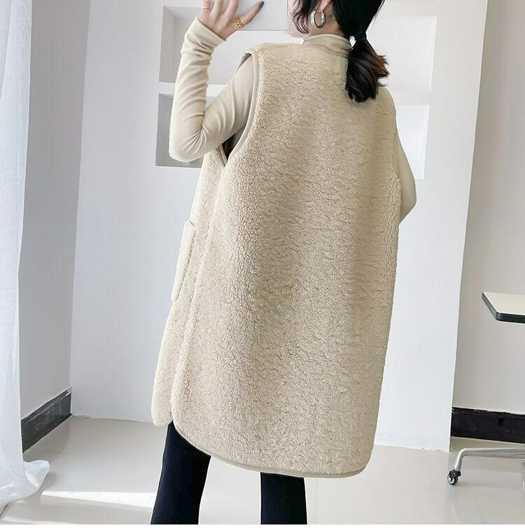 Vesta střední délky z imitace jehněčí vlny pro podzimní a zimní nošení, jednodílná vesta z granulovaného fleecu a kožešiny, plyšová vesta