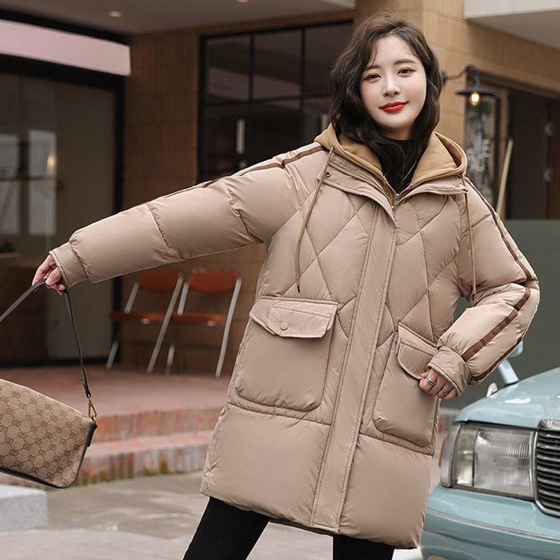 Χαλαρό Ζεστό Χειμωνιάτικο Πουπουλένιο Βαμβακερό Παλτό Γυναικείο Μακρύ Μπουφάν με Γέμιση Ψεύτικο Δύο Κομματιών Χοντρό Χειμωνιάτικο Παλτό
