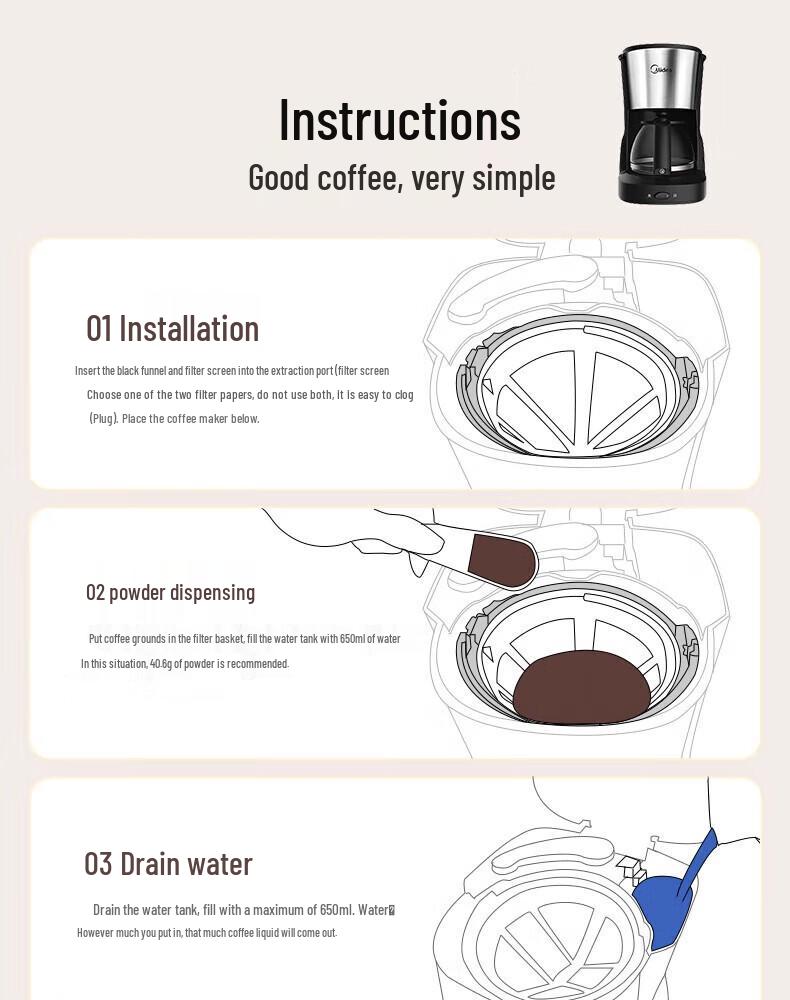 Midea Semi-Automatic Drip Coffee Maker, 650ml, MA-KF-D-101: Constant Temperature Extraction