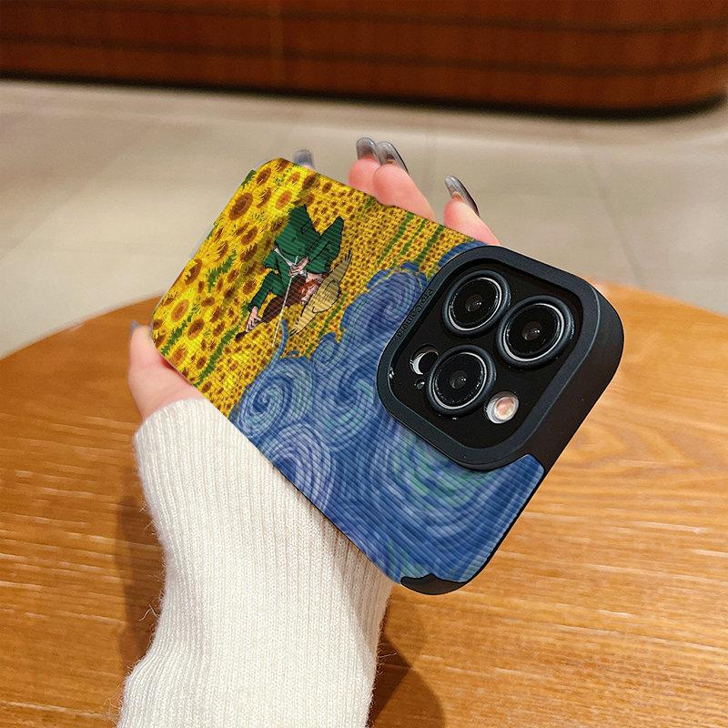 Vertical Leather Shell Sunflowers Painting Printed Patterned Shockproof Soft Silicone Case with Camera Lens Full Protection for IPhone Samsung