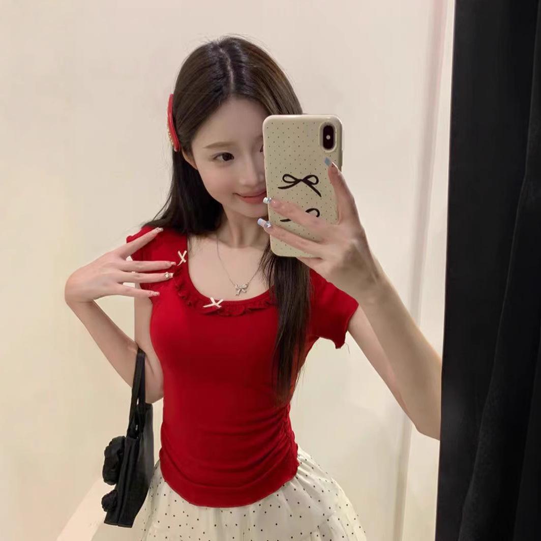 

Slim Fit Frilled Bow Short-Sleeve T-Shirt - Sweet & Spicy Summer Design Medium
