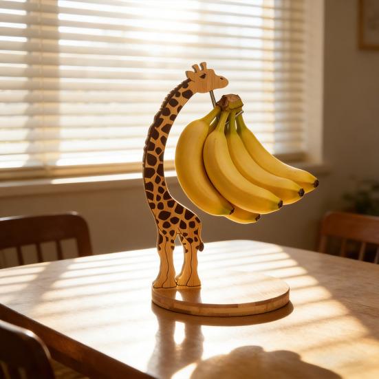 Banana Holder Stand Wood Giraffe with Stainless Steel Hook Giraffe Design Bananas Hanger Fruit Keeper for Kitchen Counter Under Cabinet