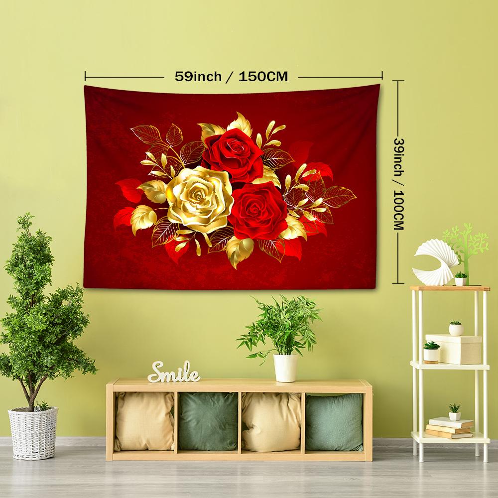 1pc Red and Golden Roses Floral Tapestry Wall Hanging - Polyester Brushed Fabric, Animal Theme, Woven Portrait Orientation, No Electricity Needed, 90g
