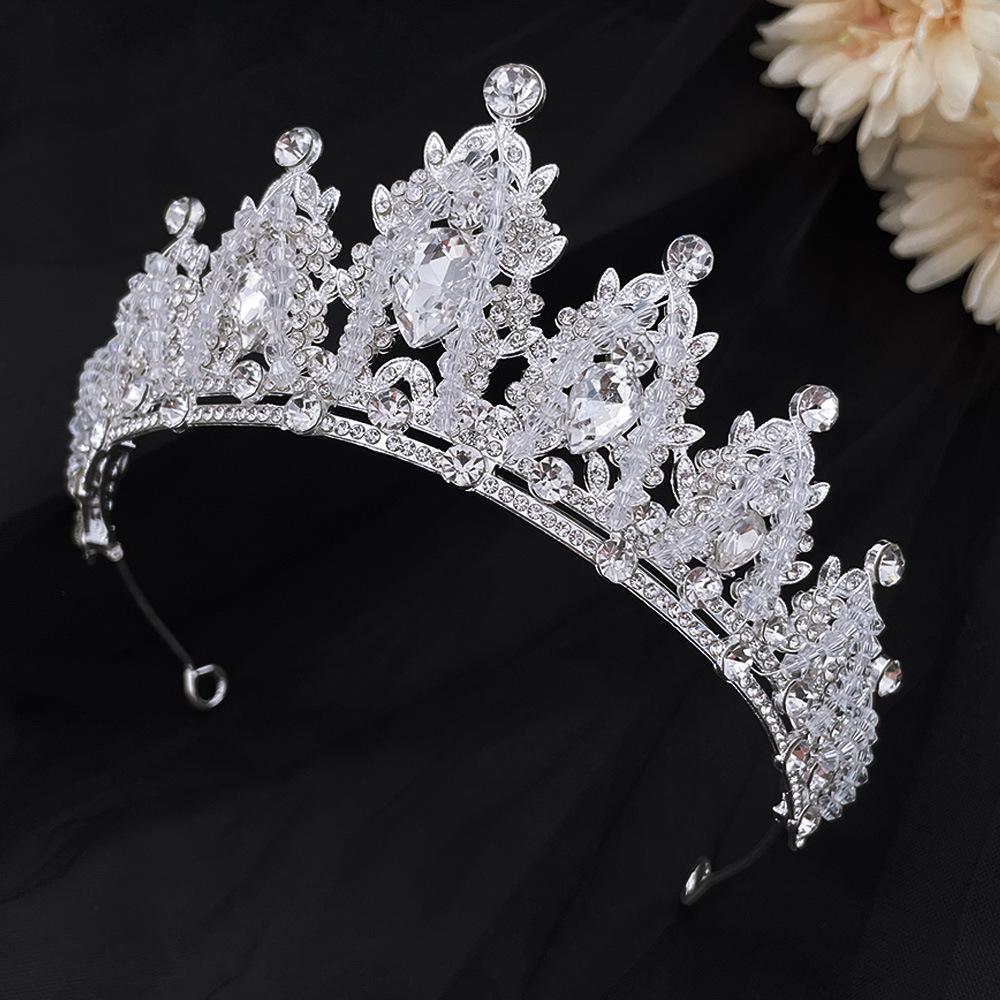 Korean Bride Silver Handmade Crown Headband Headdress New Alloy Crown Crystal Beaded Wedding Accessories for Women