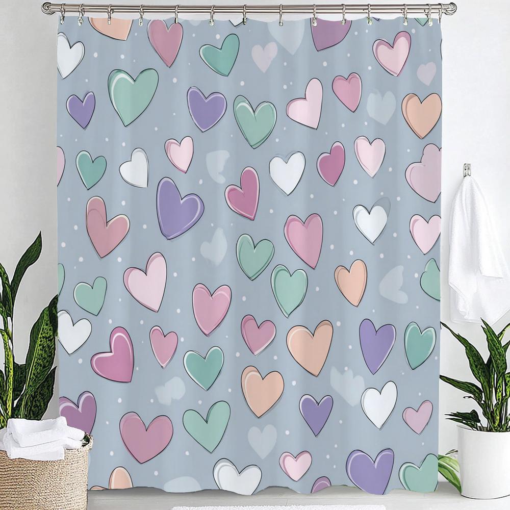 1Pc Romantic Pink Love Print Waterproof Shower Partition Privacy Hanging Curtain With 12 Hooks Multiple Size Machine Washable