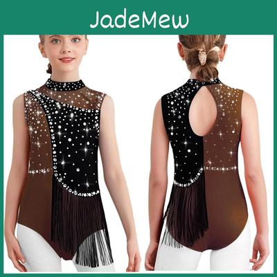 Gymnastics Girls Block Leotard Color Mock Neck Sleeveless Keyhole Back Shiny Rhinestones Tassels Bodysuit