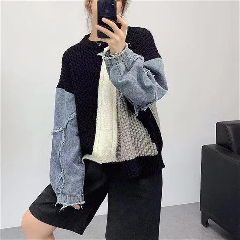 Sweater Denim Patchwork Twist Pullover Top for Girls