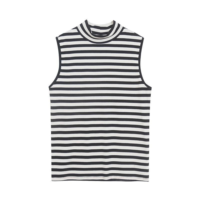 

Летний экспортный универсальный полосатый безрукавный жилет с маленьким воротником-стойкой, клетчатый, из эластичной нити, приталенный, нижняя рубашка для женщин Slight black and white thin strip S