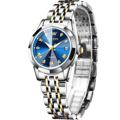 OLEVS Beliebte Blaue Wasserdichte Uhr mit Edelstahlarmband und Datum Analog Quarz Perfekt als Geschenk für Stilvolle Kleine Blaue Zifferblatt Uhr Damen