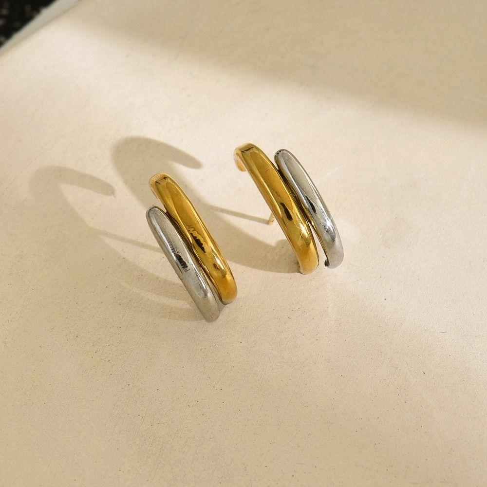 Mix Color Double Layer Earrings Gold Silver Huggie Earrings Geometric Earrings  Trendy Accessories