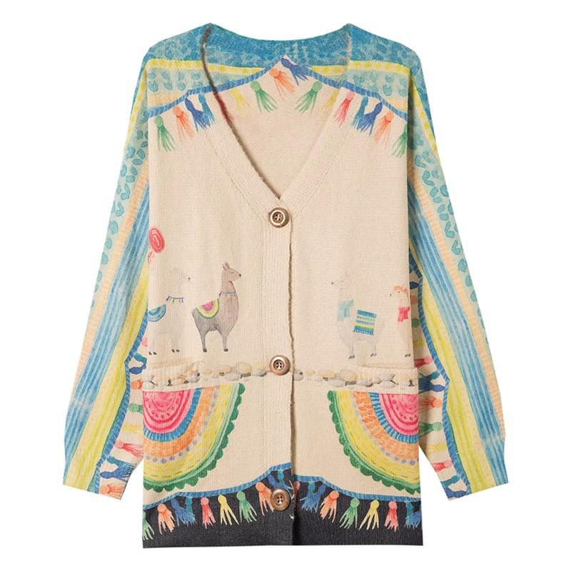2024 Autumn/Winter V-Neck Mink Velvet Printed Loose Casual Single-breasted Coat