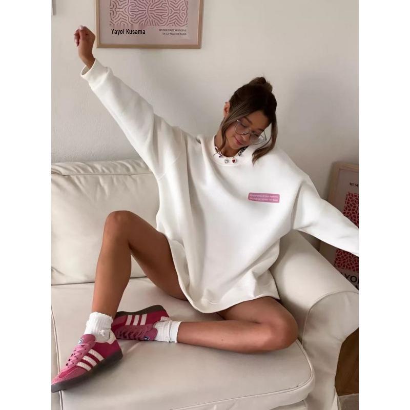 Women's Retro American Style Fleece-Lined Printed Round Neck Hoodie for Autumn and Winter