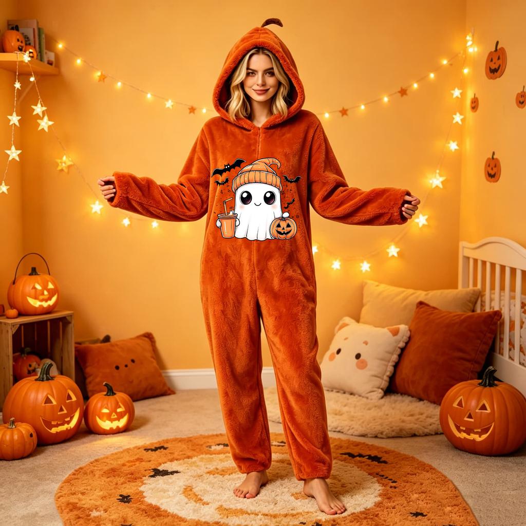 Dames Halloween Print Flanellen Jumpsuit Loungewear Set voor Gezellige Huis Slaapkleding
