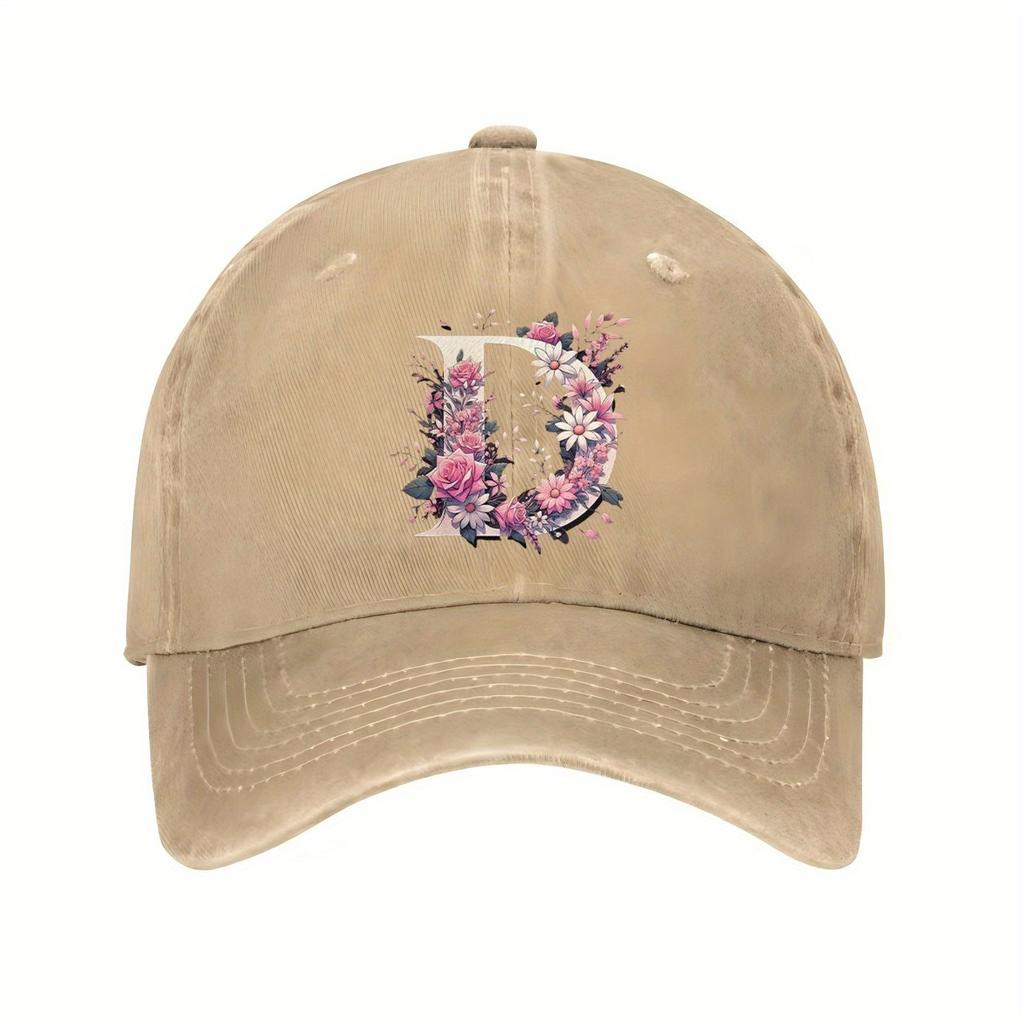 Floral Letter D Baseball Cap Unisex Casual Cotton Adjustable Distressed Outdoor Cap