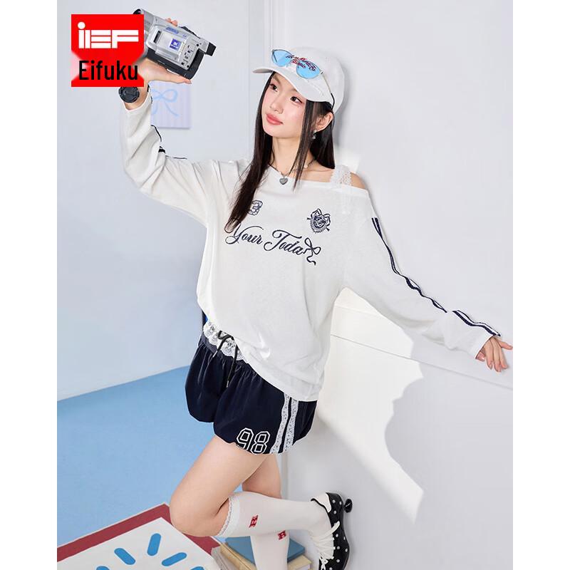 IEF American Style One-Shoulder Letter Print Long Sleeve T-Shirt One Size