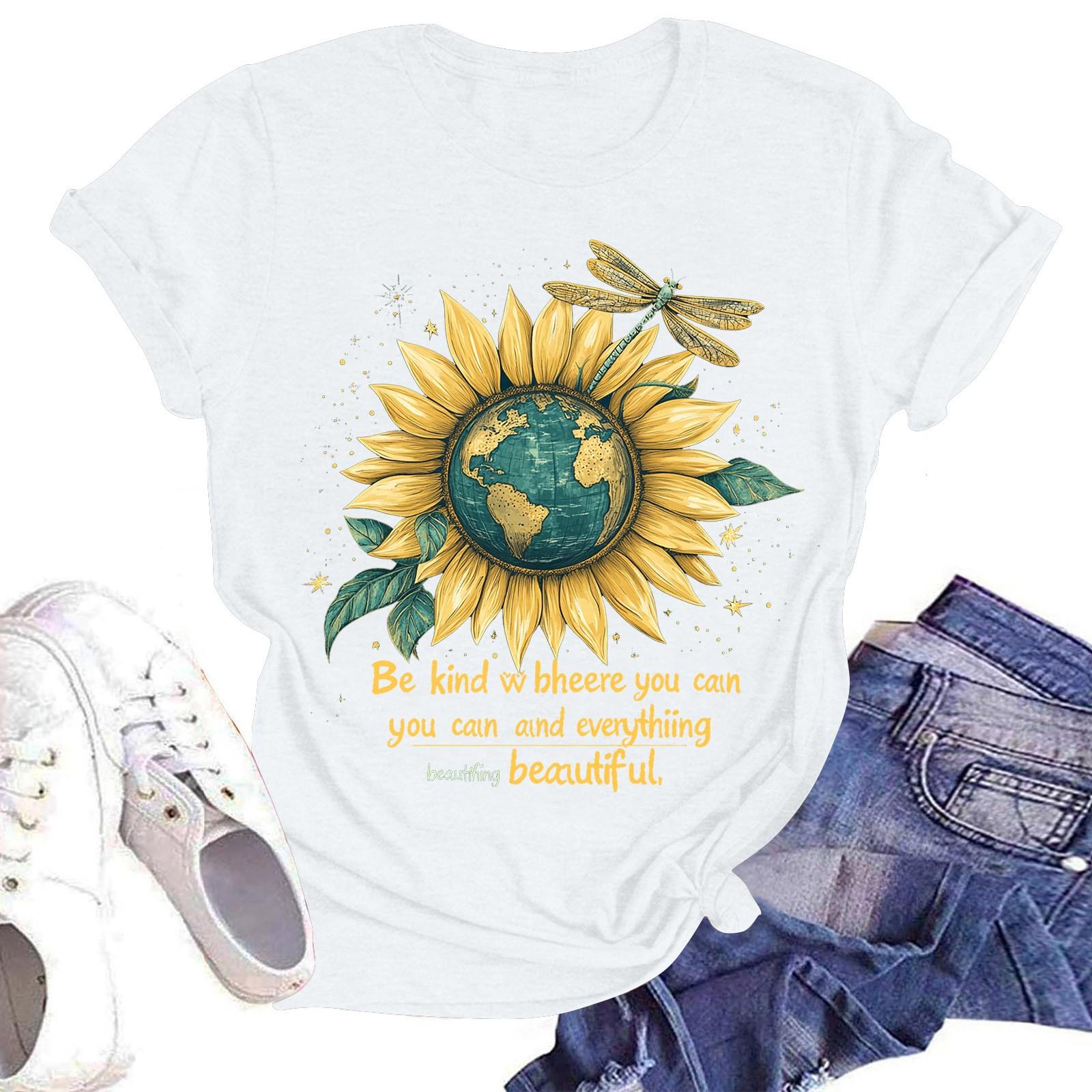 

Женская повседневная модная уличная футболка с коротким рукавом и принтом подсолнухов XL белый